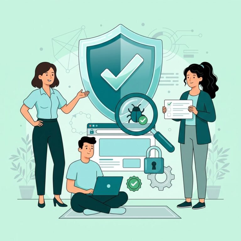 Ilustrație audit de securitate website — echipă care verifică protecția unui site WordPress