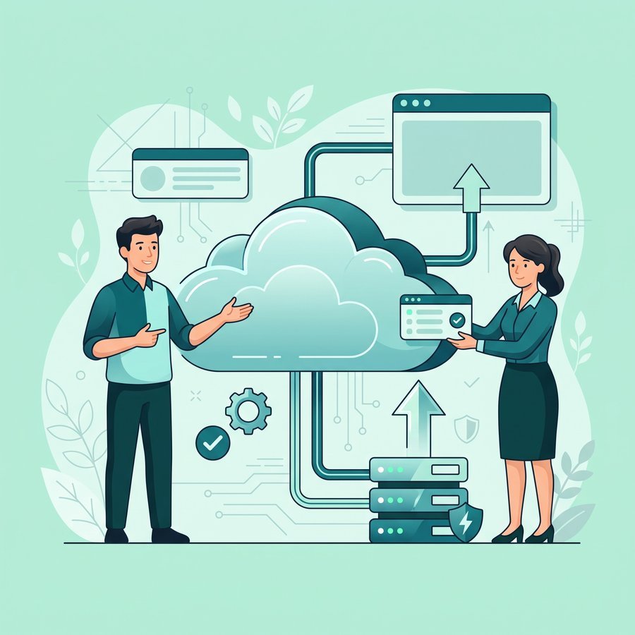 Ilustrație cloud hosting — găzduire rapidă și sigură în cloud pentru website