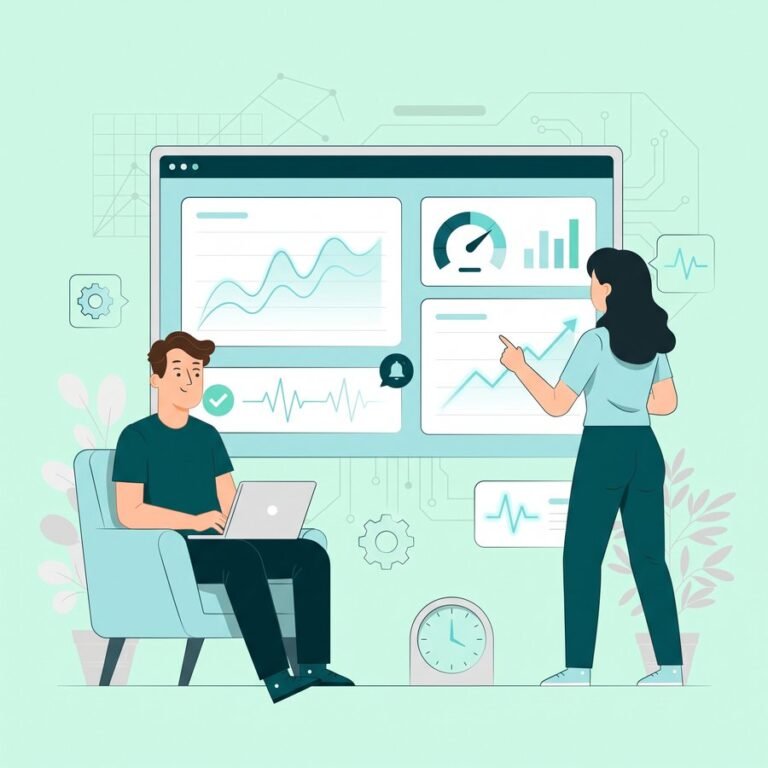 Ilustrație monitorizare performanță — tablou de bord live cu metrici de viteză ale site-ului