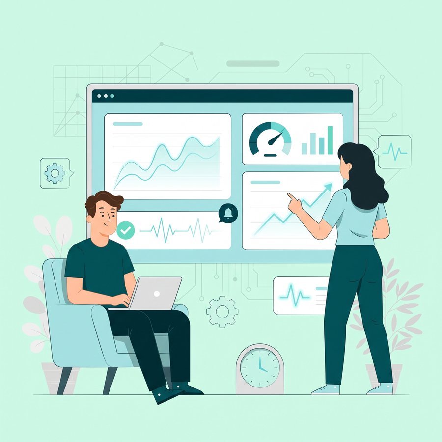 Ilustrație monitorizare performanță — tablou de bord live cu metrici de viteză ale site-ului