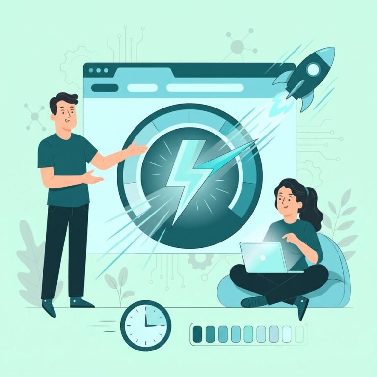 Ilustrație optimizare performanță — website rapid, cu încărcare fulger