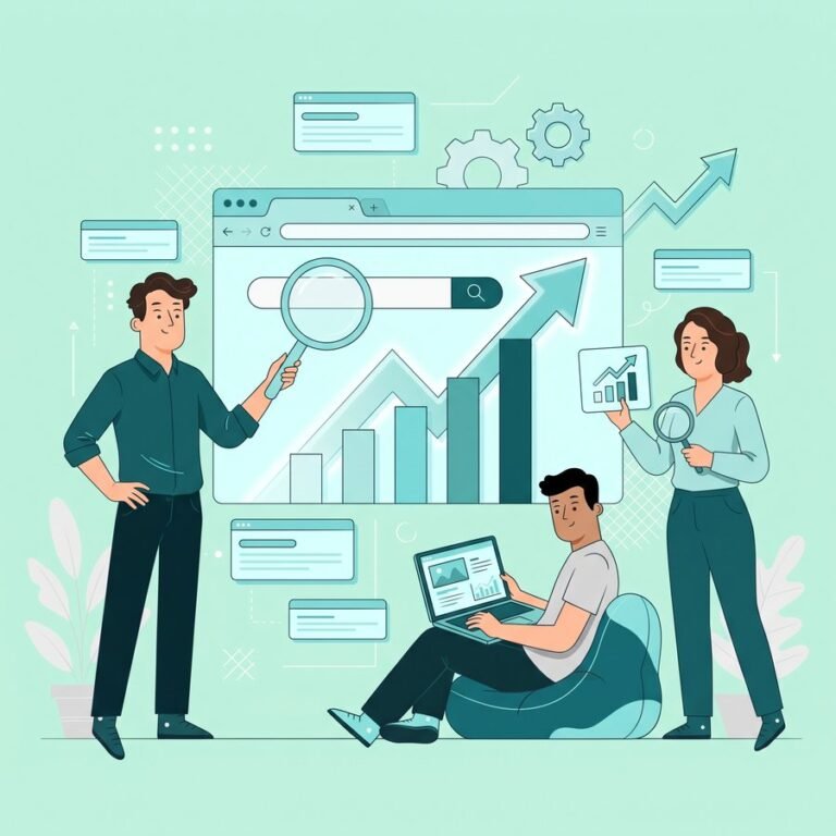 Ilustrație optimizare SEO — echipă care crește un website în rezultatele căutărilor Google