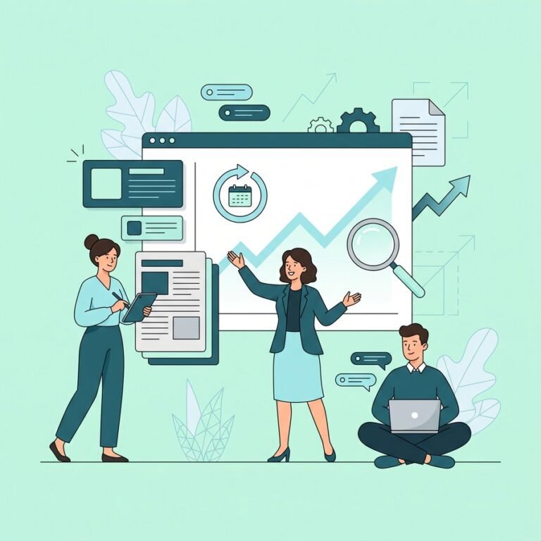 Ilustrație SEO și optimizare continuă — creștere lunară în căutări prin conținut