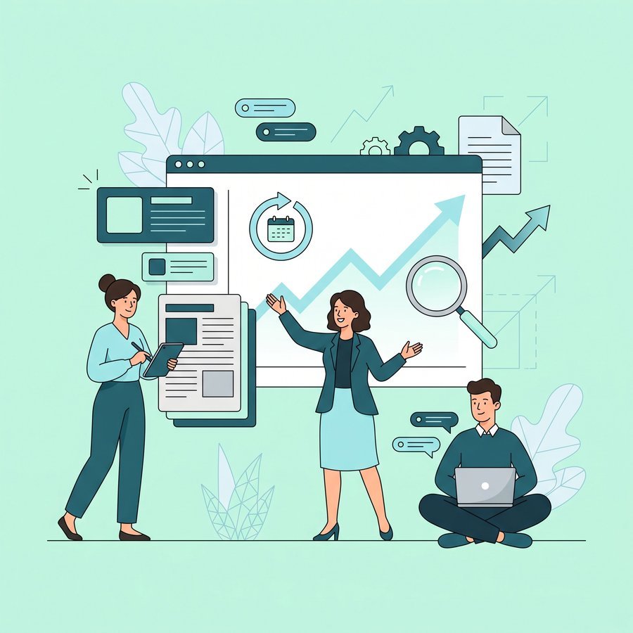 Ilustrație SEO și optimizare continuă — creștere lunară în căutări prin conținut