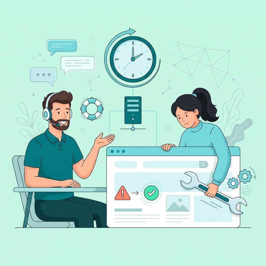 Ilustrație suport de urgență — asistență rapidă pentru probleme de website