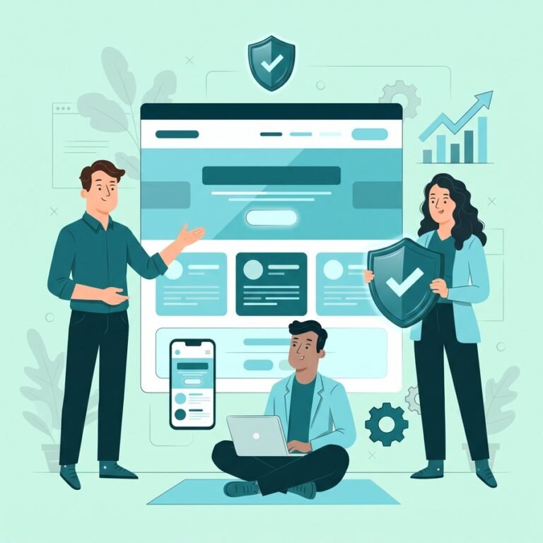 Ilustrație website de prezentare profesional — echipă care construiește un site care inspiră încredere