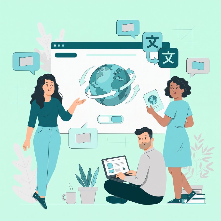 Ilustrație website multilingv — site în mai multe limbi, cu glob și traduceri